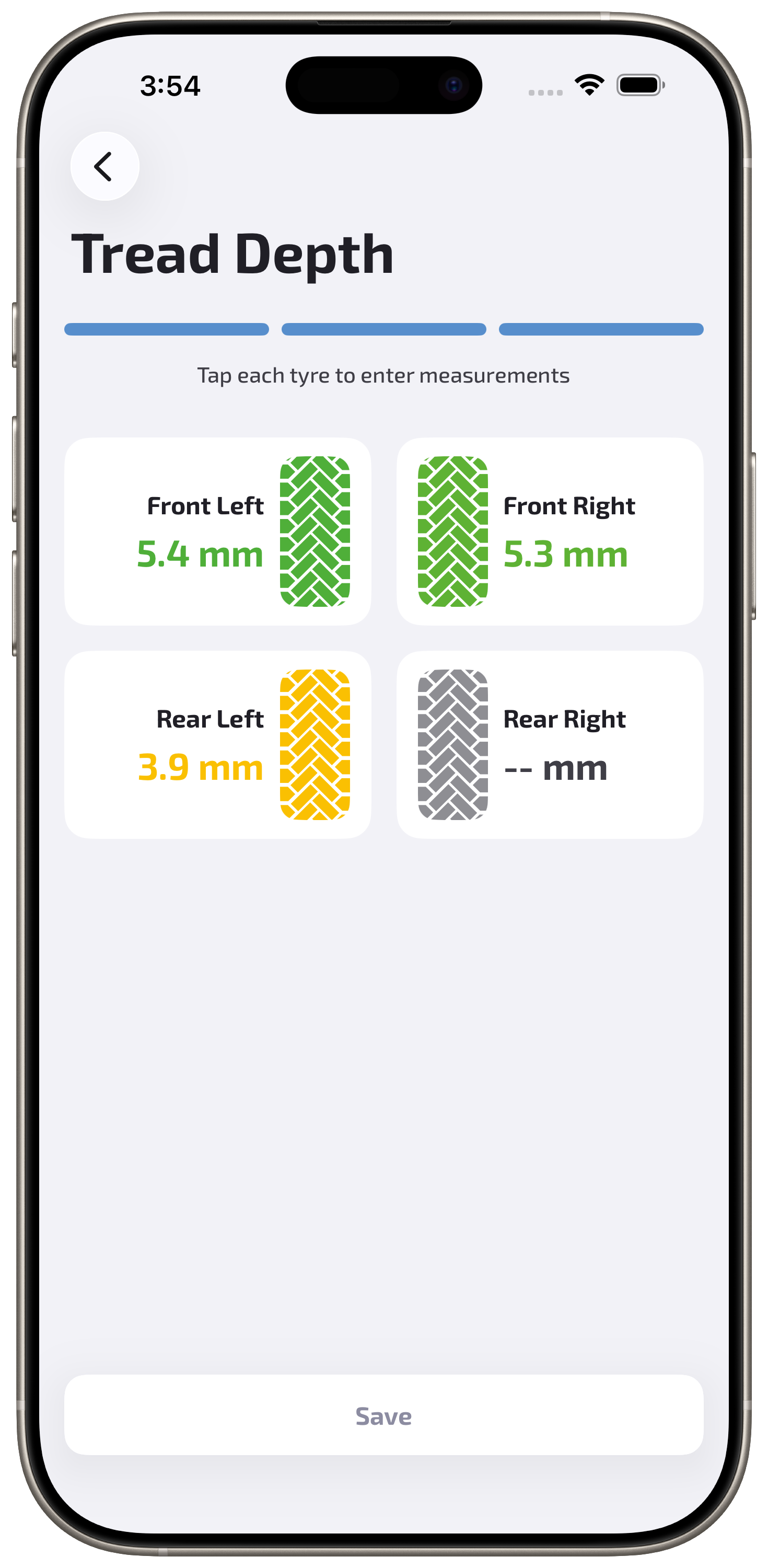 Tread depth measurements synced from gauge